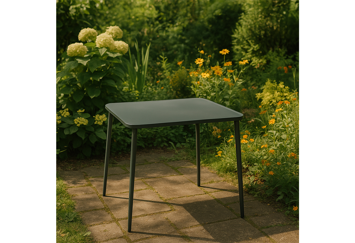 Απεικονίζεται το τραπέζι κήπου σε έναν κήπο.